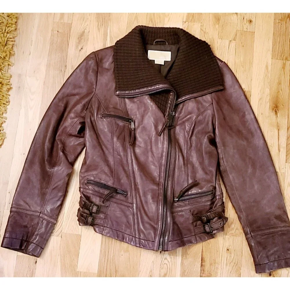 Michael Kors Women’s  Vintage 80s Leather Moto Jacket Brown Size Large - Picture 11 of 11